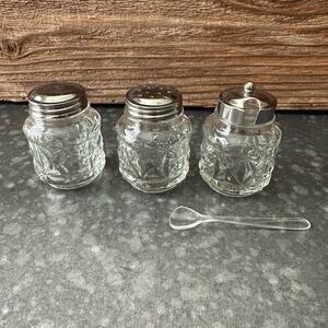 Vintage Glass Condiment Set Salt Pepper Shakers Spice Sugar Jam Jar With Spoon
